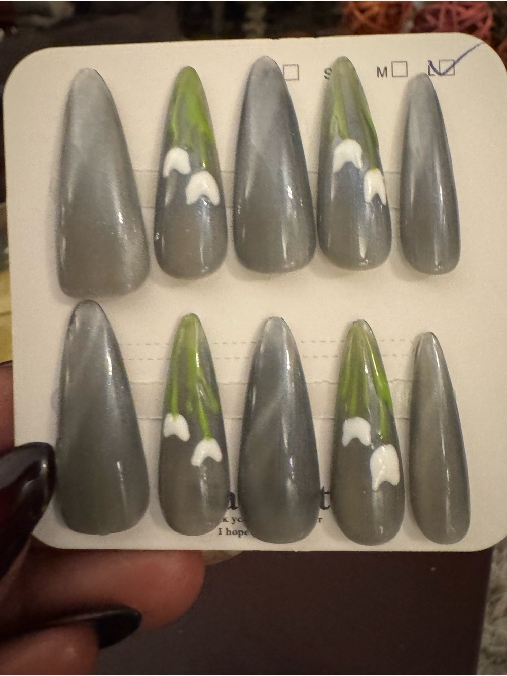 Handmade Gray, Green & White Floral Press-On Nails (Long Almond)